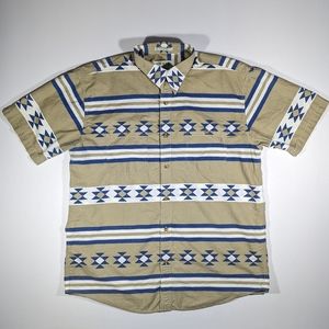 Vintage Orvis Aztec Southwest Tribal Print Button Up Dress Shirt Short Sleeve